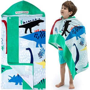 VOOVA & MOVAS Beach Bath Towel with Hood for Kids Toddlers Boys Girls 2 to 7 Years,Oversize Extra Size 50"x30",Super Soft Absorbent Cotton for Bath/Pool/Beach Swim Coverups Bathrobe,Dinosaur Theme