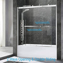 Load image into Gallery viewer, WOODBRIDGE SDD6062-B Frameless Bathtub Shower Doors 56-60" Width x 62" Height with 3/8"(10mm) Clear Tempered Glass, 2 Ways Opening &amp; Double Sliding Nickel Finish, Brushed Nickle
