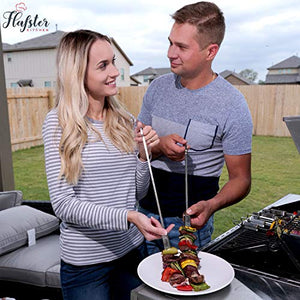 FLAFSTER KITCHEN Skewers for Grilling- 16" Long Flat BBQ Skewers with Push Bar- Shish Kabob Skewers - Stainless Steel Skewer Sticks for Camping - Wide Reusable Sword Skewers - 8 Pack with Storage Bag