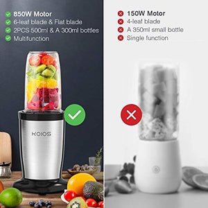 KOIOS 850W Personal Blender for Shakes and Smoothies, 11 Pieces Bullet Single Smoothie Blender for Kitchen, Small Protable Mixer with 2x17 Oz and 10 Oz Travel Bottles, 2 Spout Lids, BPA Free (Black)
