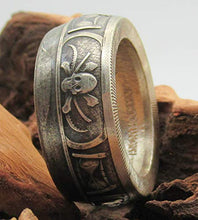 Load image into Gallery viewer, Memento Mori Pirate coin ring made from pure silver coin. Can size 7-16
