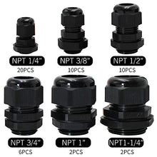 Load image into Gallery viewer, MAKERELE Cord Grip Cable Glands Kit for Electrical Box NPT Waterproof Nylon Strain Relief 1/4” 3/8” 1/2” 3/4” 1” 1-1/4” 50pcs Junction case Connector Black With Gaskets
