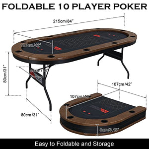 PEXMOR Foldable 10 Player Poker Table, Folding Blackjack Casino Card Game Table with Stainless Steel Cup Holders & Padded Rails, Portable Texas Holdem Poker Table