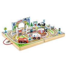 Load image into Gallery viewer, Melissa &amp; Doug 18-Piece Wooden Take-Along Tabletop Town, 4 Rescue Vehicles, Play Pieces, Bridge
