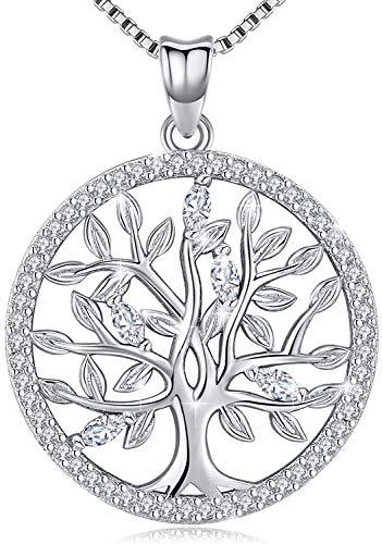 Birthstone-Necklace for Women, Solid Sterling Silver Family Tree-of-Life-Pendant, Crystal Gemstone Charm Jewelry, Birthday Gift for Mom Wife Girlfriend Grandma (April Birthstone)