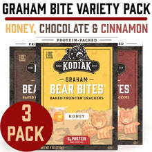 Load image into Gallery viewer, Bear Bites, Protein Graham Crackers Variety Pack: Honey, Chocolate &amp; Cinnamon Snacks
