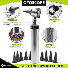 Load image into Gallery viewer, CynaMed ENT Diagnostic Kit - Ear, Nose, Throat Examination Instruments Set - Otoscope, Opthalmoscope, Earwax Remover, Nasal Dilator, Speculum, LED Lights, Mirrors, Replacement Tips, Leather Carry Bag
