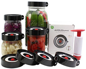 AMZUShome Fermenting Lids Kit Waterless Airlock For Wide Mouth Mason Jar Fermentation Not Crock Pots,Make Sauerkraut,Kimchi,Pickles Or Fermented Foods.4 Pack+1 Pump(Black)