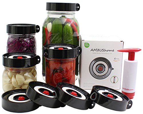 AMZUShome Fermenting Lids Kit Waterless Airlock For Wide Mouth Mason Jar Fermentation Not Crock Pots,Make Sauerkraut,Kimchi,Pickles Or Fermented Foods.4 Pack+1 Pump(Black)