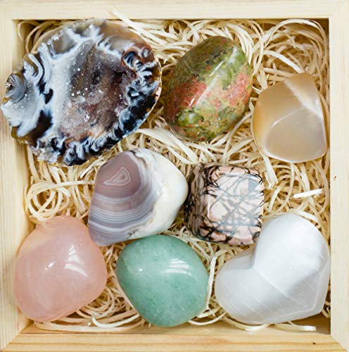 Crystalya Premium Grade Crystals and Healing Stones in Wooden Box for Fertility, New Moon, Meditation - Rose Quartz, Unakite, Rhodonite, Moonstone, Occo Geode, Selenite, Gemstones + Info Guide