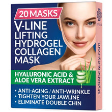 Load image into Gallery viewer, 20 Piece V Line Shaping Face Masks – Lifting Hydrogel Collagen Mask with Aloe Vera – Anti-Aging and Anti-Wrinkle Band - Double Chin Reducer Strap
