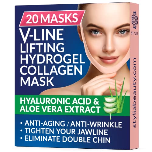 20 Piece V Line Shaping Face Masks – Lifting Hydrogel Collagen Mask with Aloe Vera – Anti-Aging and Anti-Wrinkle Band - Double Chin Reducer Strap