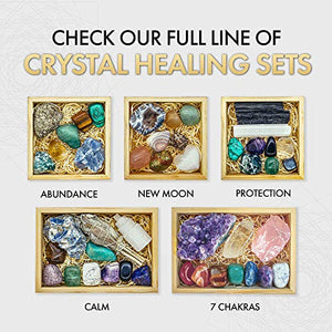 Crystalya Premium Grade Crystals and Healing Stones for Protection EMF in Wooden Box– Obsidian, Fluorite, Malachite, Hematite, Amethyst, Tree Agate, Quartz, Selenite, Tourmaline Gemstones + Info Guide