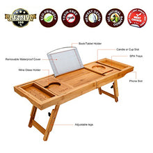 Load image into Gallery viewer, Hossejoy Bathtub Caddy Tray&amp; Laptop Desk with Foldable Legs, 2 in 1 Wisdom Design – Luxurious Bathtub Caddy with Extending Sides, Tablet Holder, Reading Rack,Cellphone Tray and Wine Glass Holder
