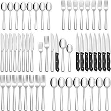 Load image into Gallery viewer, HIWARE 48-Piece Silverware Set with Steak Knives for 8, Stainless Steel Flatware Cutlery Set For Home Kitchen Restaurant Hotel, Kitchen Utensils Set, Mirror Polished, Dishwasher Safe
