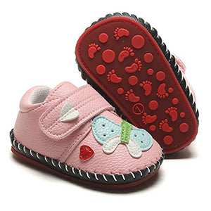 SOFMUO Baby Girls Boys Pu Leather Sneakers Anti-Slip Rubber Sole Cartoon Moccasins Handmade Newborn Slippers Hard Bottom Toddler First Walkers Infant Crib Shoes (Butterfly Pink,0-6 Months)