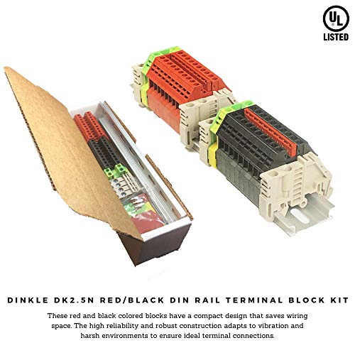 Load image into Gallery viewer, Dinkle UL Listed DIN Rail Terminal Block Kit #1 Red/Black Dinkle 20 DK2.5N 12 AWG Gauge 20A 600V Ground DK2.5N-PE Jumper DSS2.5N-10P End Covers End Brackets