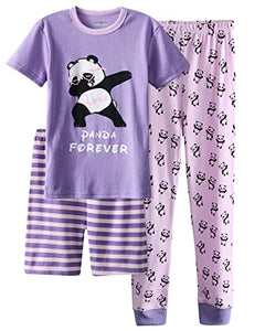 Pajamas for Girls Cute Purple Pandas Sleepwear Little & Big Kids Short Sleeve Loungewear PJ Clothes 3PCS Set Size 7