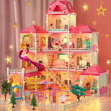 Load image into Gallery viewer, TEMI Doll House Dreamhouse for Girls - 4-Story 12 Rooms Playhouse with 2 Dolls Toy Figures, Fully Furnished Fashion Dollhouse, Pretend Play House with Accessories, Gift Toy for Kids Ages 3 4 5 6 7 8+

