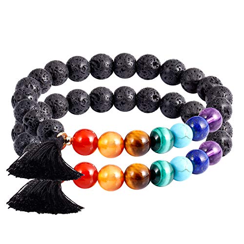 Jewever 7 Chakra Healing Bracelet with Real Stones Lava Rock Diffuser Yoga Meditation Anxiety Bracelets for Women Men Friendship Stretch