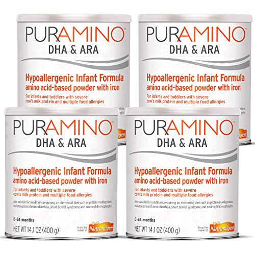 Puramino Hypoallergenic Baby Formula Powder for Severe Food Allergies, 14.1 ounce (Pack of 4) - Omega 3 DHA, Probiotics, Iron, Immune Support