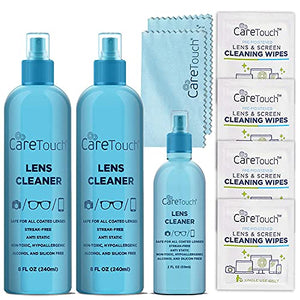 Care Touch Eyeglass Cleaner Spray Kit, Alcohol-Free Glasses Cleaner Solution for All Lenses, 16oz (8oz x 2) & 2oz Bottles - Eye Glasses Lens Cleaner Kit with 26 Lens Wipes & 2 Microfiber Cloths