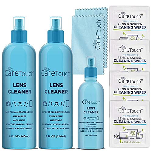 Care Touch Eyeglass Cleaner Spray Kit, Alcohol-Free Glasses Cleaner Solution for All Lenses, 16oz (8oz x 2) & 2oz Bottles - Eye Glasses Lens Cleaner Kit with 26 Lens Wipes & 2 Microfiber Cloths