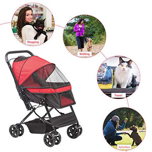 LONABR Folding Dog Stroller Travel Cage Stroller for Pet Cat Kitten Puppy Carriages - Large 4 Wheels Elite Jogger - Single or Multiple Pets (Red - 1 cage)
