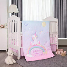Load image into Gallery viewer, La Premura Unicorn Baby Nursery Crib Bedding Set for Girls – Baby Unicorn &amp; Rainbows 3 Piece Standard Size Crib Bedding Sets in Pink, Yellow &amp; Green
