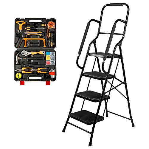Step Ladders, Folding 4 Step Stool with Safety Rails Portable Heavy Duty 330 lb Load Capacity for Home Household Kitchen Office Garden,Black