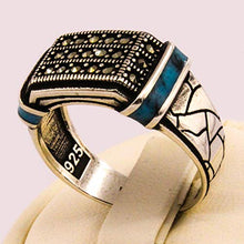 Load image into Gallery viewer, Solid 925 Sterling Silver Rings for Men Turkish Handmade Simulated Turquoise on Band Luxury Design Premium Quality (11.25)
