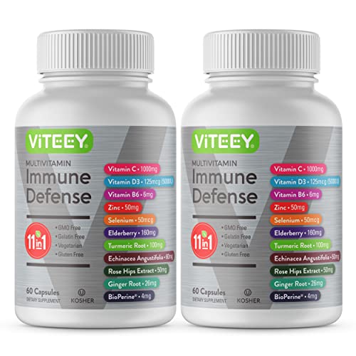 11 in 1 Immune Defense Support Supplement Booster with Vitamin C, Vitamin D3, Vitamin B6, Zinc, Elderberry, Echinacea, Turmeric, Rose-Hips, Selenium, BioPerine, Ginger, For Adults [60 Capsules-2 Pack]