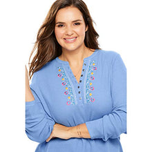 Load image into Gallery viewer, Woman Within Women's Plus Size Embroidered Thermal Waffle Henley Tee Long Underwear Top - 1X, French Blue Vine Embroidery
