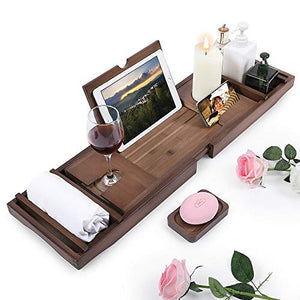 Bathtub Caddy Tray Bamboo Bathroom Organizer Expandable for Luxury Bath with Book Tablet Stand Wine Glass Candle Phone Holder Soap Dish Non-Slip Extending Sides Expands Up to 43 inch