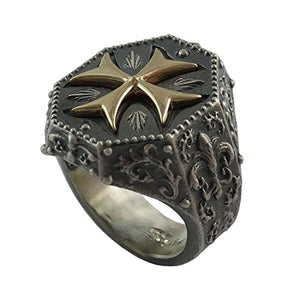 Knights Templar Maltese Cross Mens Ring Fleur De Lis Silver 925 and 10K Gold Masonic Jewelry