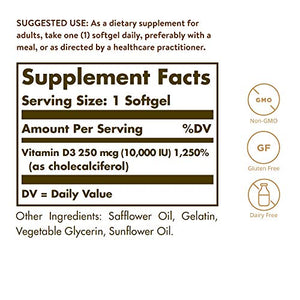 Solgar Vitamin D3 (Cholecalciferol) 250 MCG (10,000 IU), 120 Softgels - Helps Maintain Healthy Bones & Teeth - Immune System Support - Non GMO, Gluten Free, Dairy Free - 120 Servings