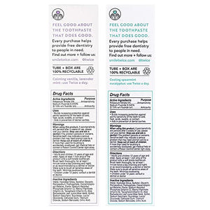 Twice Toothpaste Sensitive Teeth Whitening with Cavity Protection - SLS Free Toothpaste with Fluoride for Tooth Remineralization - (Vanilla Lavender Mint + Spearmint Eucalyptus Bundle) (2-Pack)