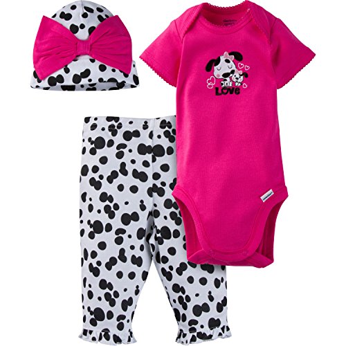 Gerber Baby-Girls Newborn 3 Piece Bodysuit Cap and Legging Set, Dog, 6-9 Months