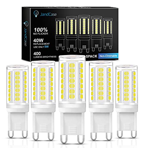 G9 LED Light Bulbs 5W, JandCase 40W Halogen Equivalent, 6000K High Brightness 400LM, G9 Base Not Dimmable, Flicker-Free, Daylight White for Home Lighting, Chandeliers, Household Applications, 5 Pack