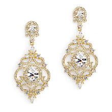 Load image into Gallery viewer, Mariell Victorian Scrolls 14k Gold Plated Cubic Zirconia Wedding or Evening Chandelier Earrings
