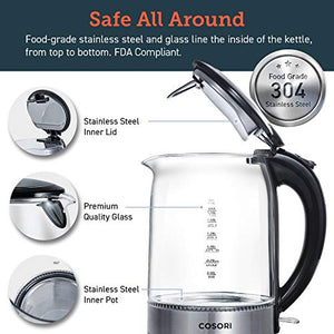COSORI Glass Boiler Hot Water & Tea Heater with LED Indicator Light 100% Stainless Steel Inner Lid & Bottom, Auto Shut-Off & Boil-Dry Protection, 1.7L, Black