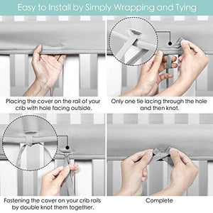 TILLYOU 3-Piece Padded Baby Crib Rail Cover Protector Set from Chewing, Safe Teething Guard Wrap for Standard Cribs, 100% Silky Soft Microfiber Polyester, Fits Side and Front Rails, Pale Gray