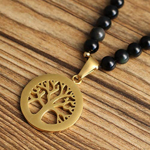 COAI Tree of Life Pendant Tiger Eye Obsidian Stone 108 Beads Mala Necklace