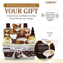 Load image into Gallery viewer, Bath and Body Gift Basket For Women and Men – 9 Piece Set of Vanilla Coconut Home Spa Set, Includes Fragrant Lotions, Extra Large Bath Bombs, Coconut Oil, Luxurious Bath Towel &amp; More
