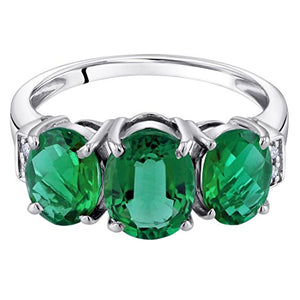 14K White Gold Created Emerald and Diamond Three Stone Triune Ring 2 Carats Size 6