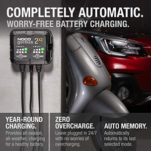 NOCO GENIUS2X2, 2-Bank, 4-Amp (2-Amp Per Bank) Fully-Automatic Smart Charger, 6V and 12V Battery Charger, Battery Maintainer, and Battery Desulfator with Temperature Compensation