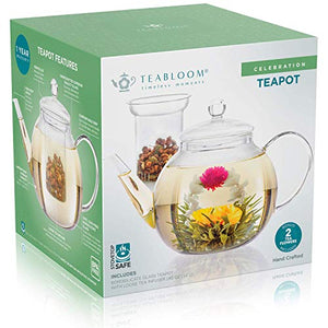 Teabloom Stovetop & Microwave Safe Glass Teapot (40 OZ / 1.2 L) with Removable Loose Tea Glass Infuser – Includes 2 Blooming Teas – 2-in-1 Tea Kettle and Tea Maker (Holds 4-5 Cups)
