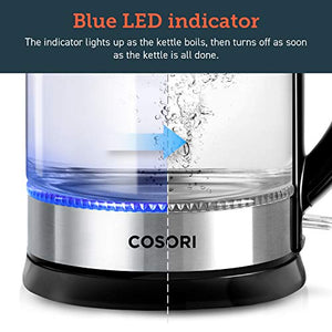 COSORI Glass Boiler Hot Water & Tea Heater with LED Indicator Light 100% Stainless Steel Inner Lid & Bottom, Auto Shut-Off & Boil-Dry Protection, 1.7L, Black