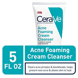 CeraVe Acne Foaming Cream Cleanser | Acne Treatment Face Wash with 4% Benzoyl Peroxide, Hyaluronic Acid, and Niacinamide | Cream to Foam Formula | 5 Oz