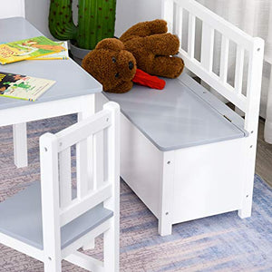 Qaba 4-Piece Set Kids Wood Table Chair Bench with Storage Function Toddlers Age 3 Years up, Grey and White